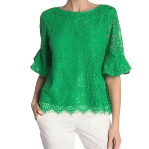 Nanette Lepore Women’s Green Lace Scallop Hem Bell Sleeves Top, Size L